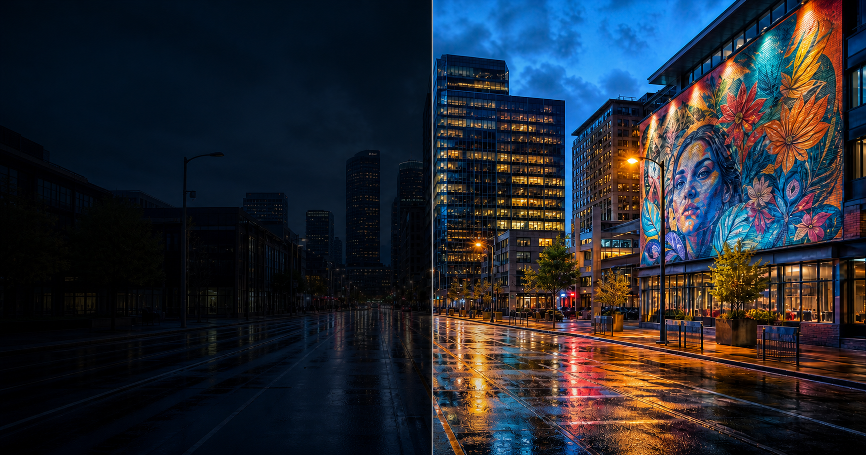 A dark city photo changing into a vivid HDR mural scene